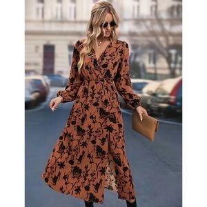 Women’s Allover Floral Print Bishop Long Sleeve V Neck High Slit Midi Dress New